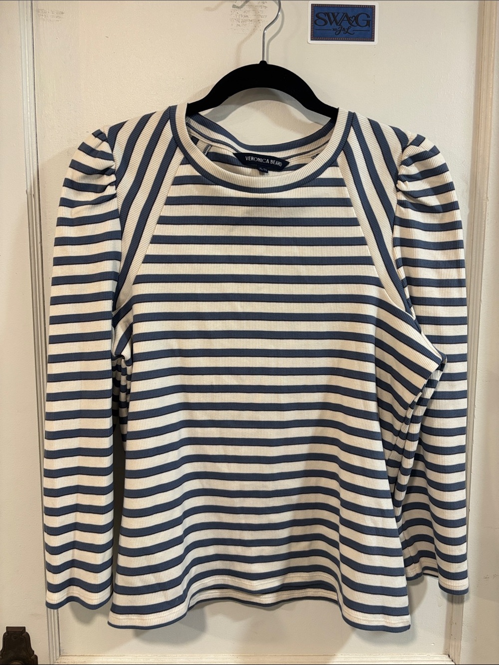 Veronica Beard Navy & White Striped Puff-Sleeve Long Sleeve Top